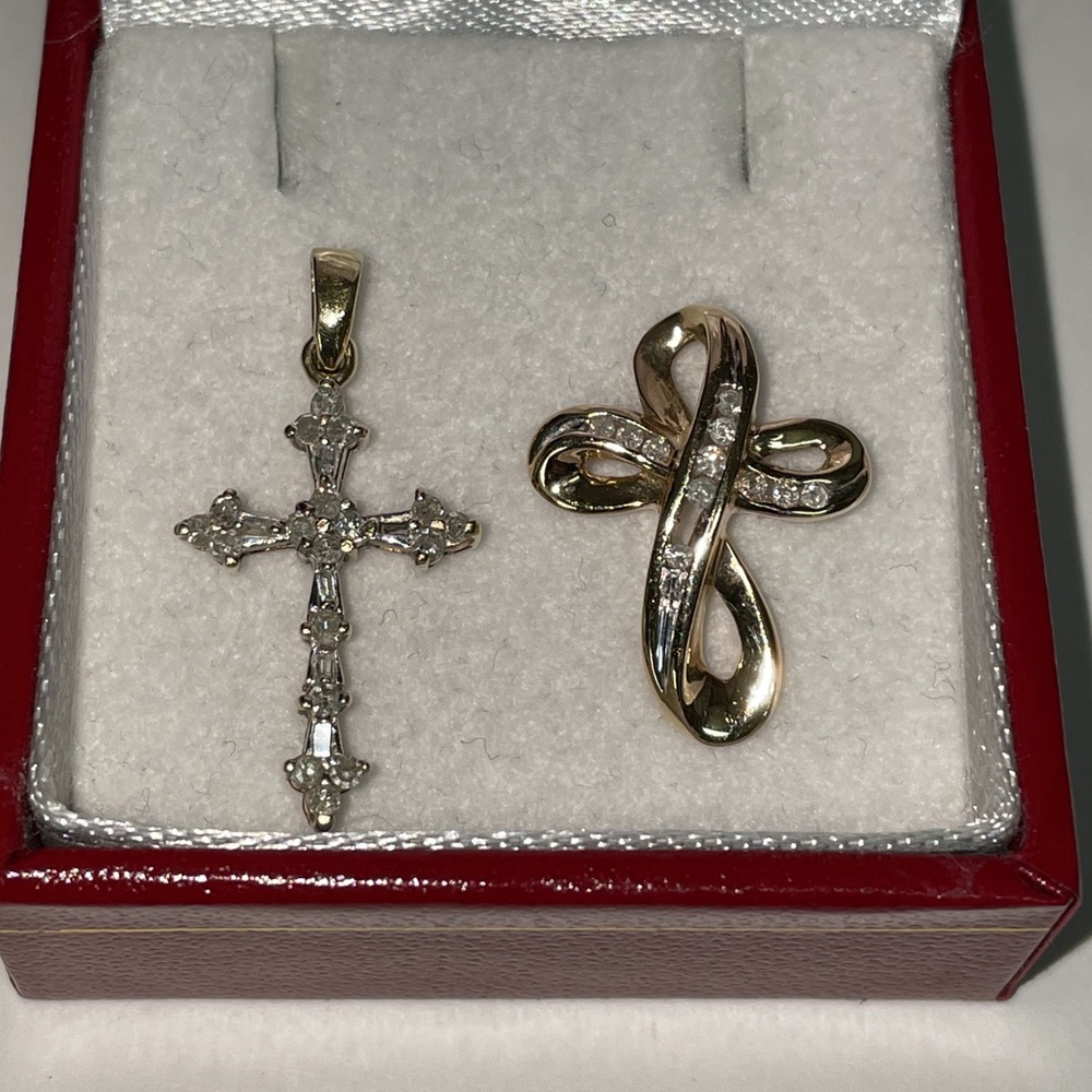 (2) Solid 10K (not 14K) Yellow Gold Natural Diamond Cross Pendants for Necklace